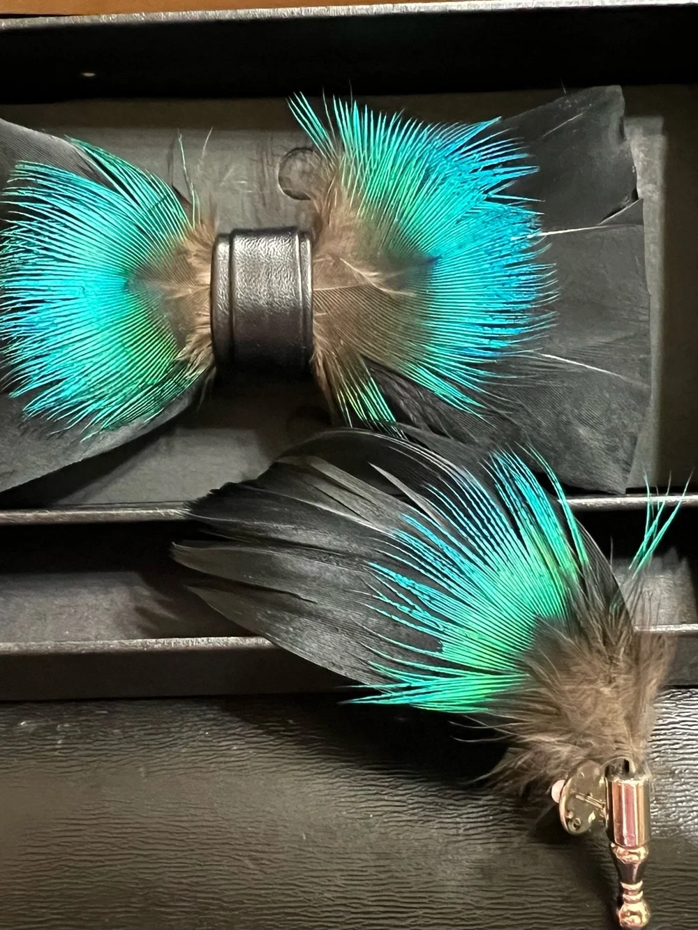 Feather Bow Tie and Lapel Pin Set in Teal and Black